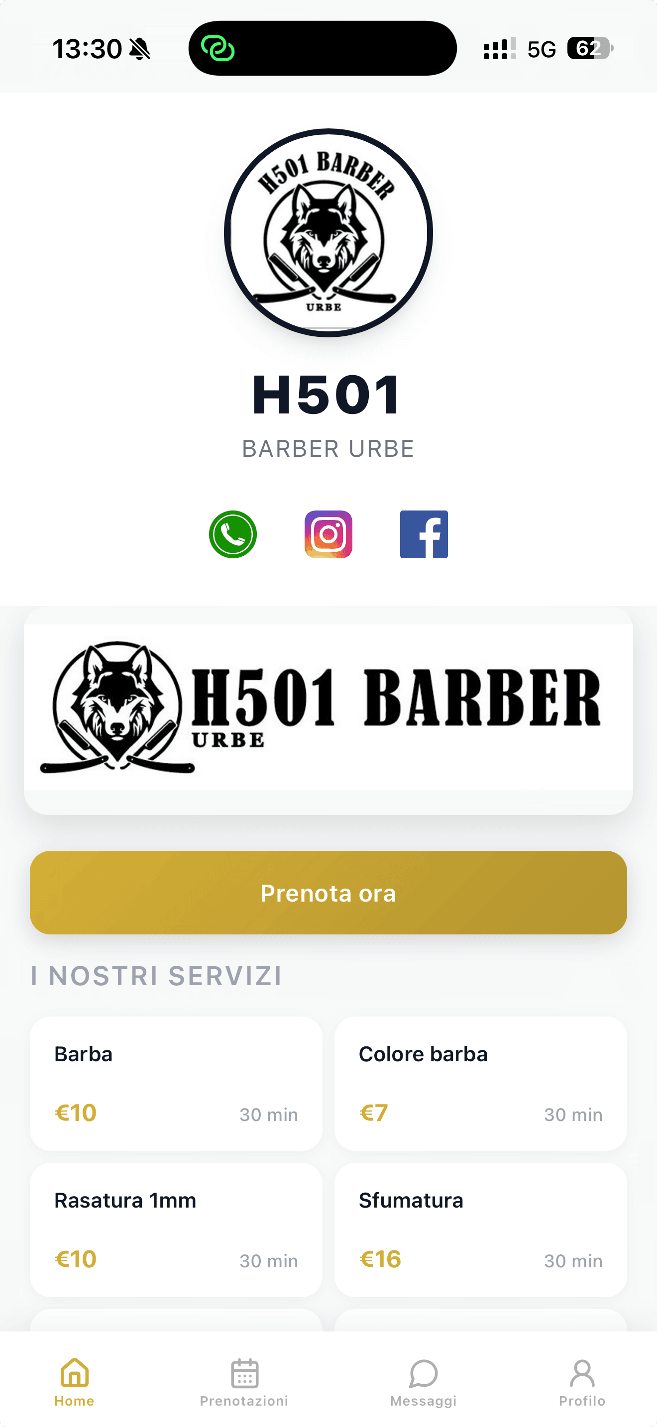 Início, serviços e reserva na PWA H501 Barber
