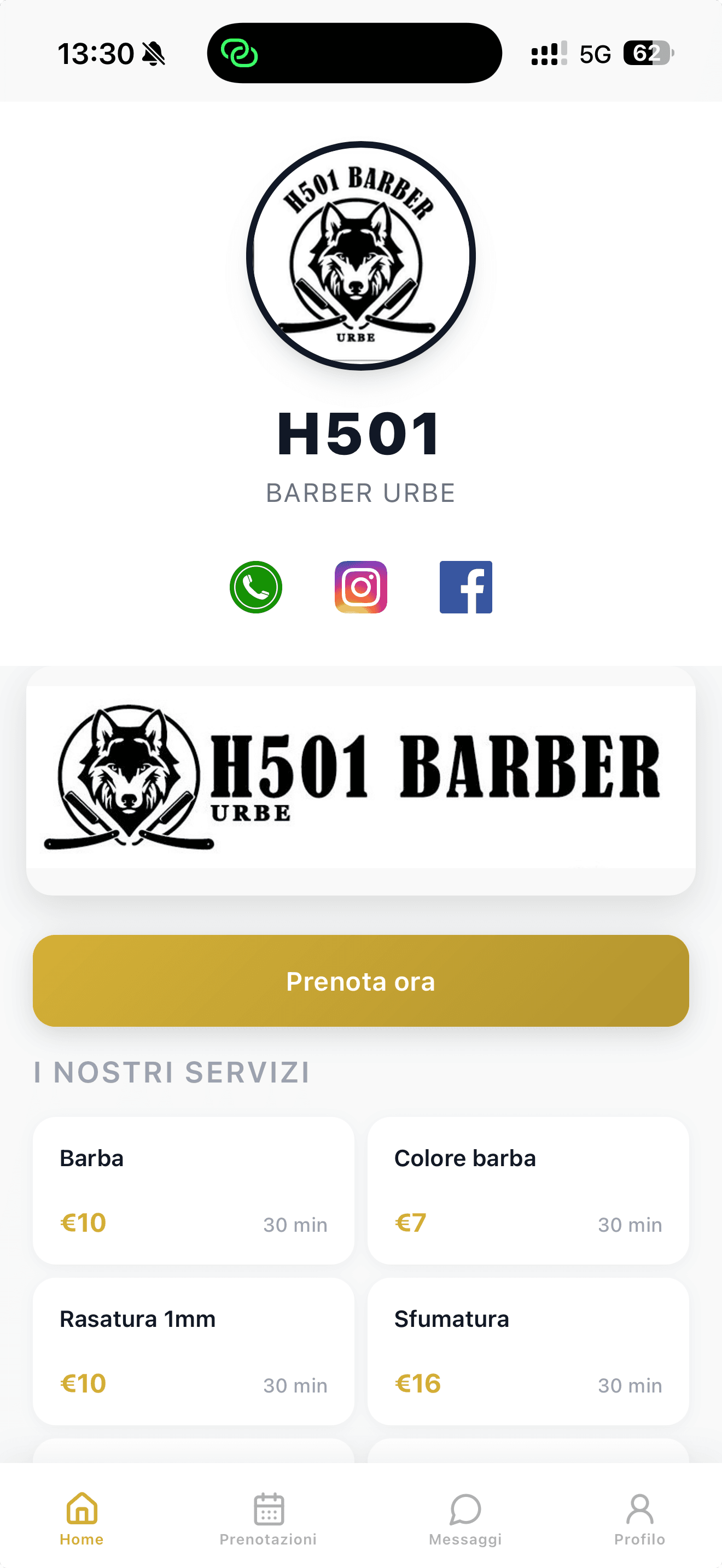 Accueil, services et réservation dans la PWA H501 Barber