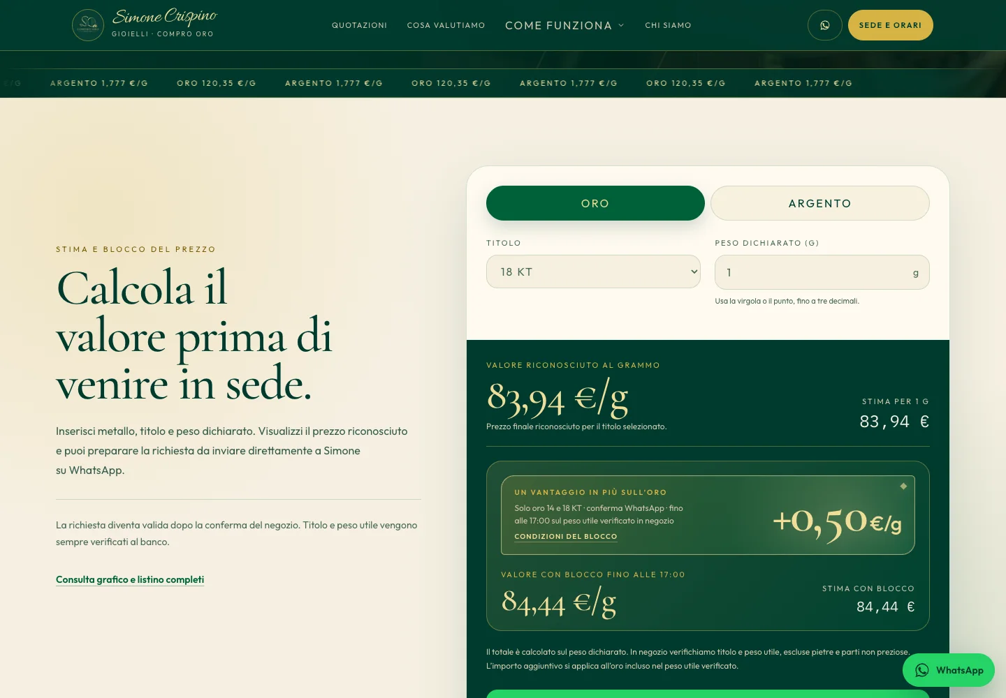 Calcolatore e quotazioni del sito S.C. Gioielli